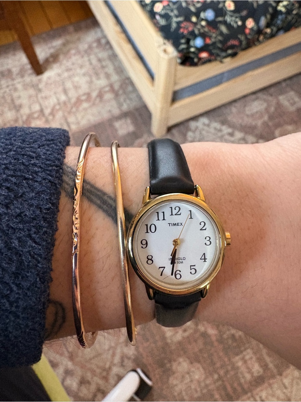 Timex Gold-Tone Case with Black Leather Strap and White Dial